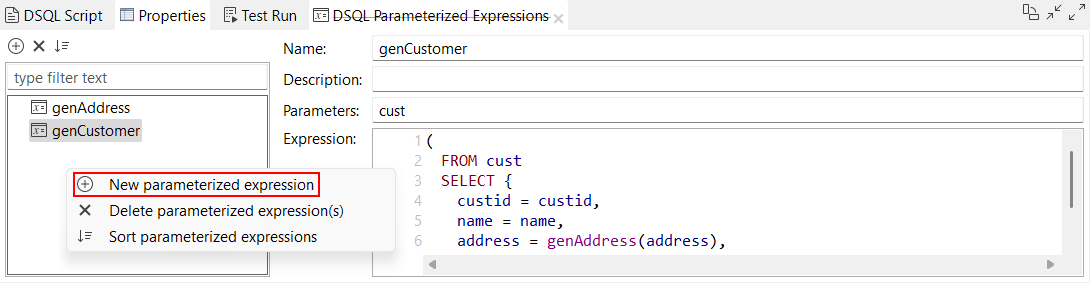 New parameterized expression option highlighted when right-clicking the left panel in the DSQL Parameterized Expressions view.