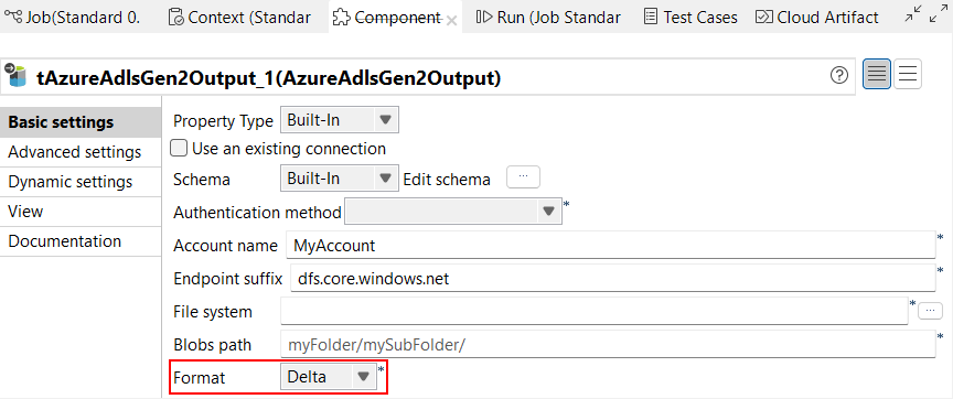 tAzureAdlsGen2Output Basic settings view with the new Delta format.