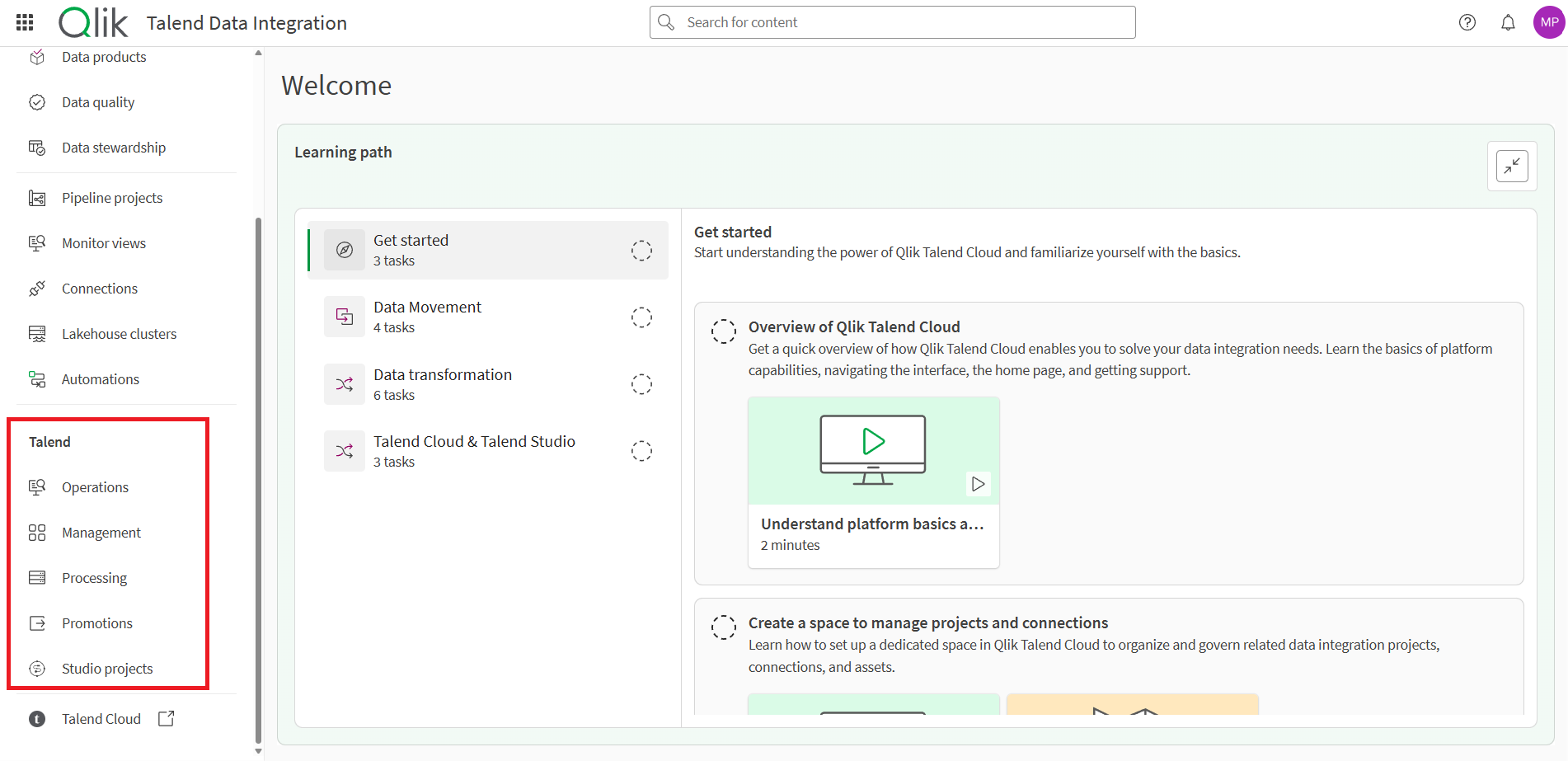Talend menu in Qlik Talend Cloud Data Integration.