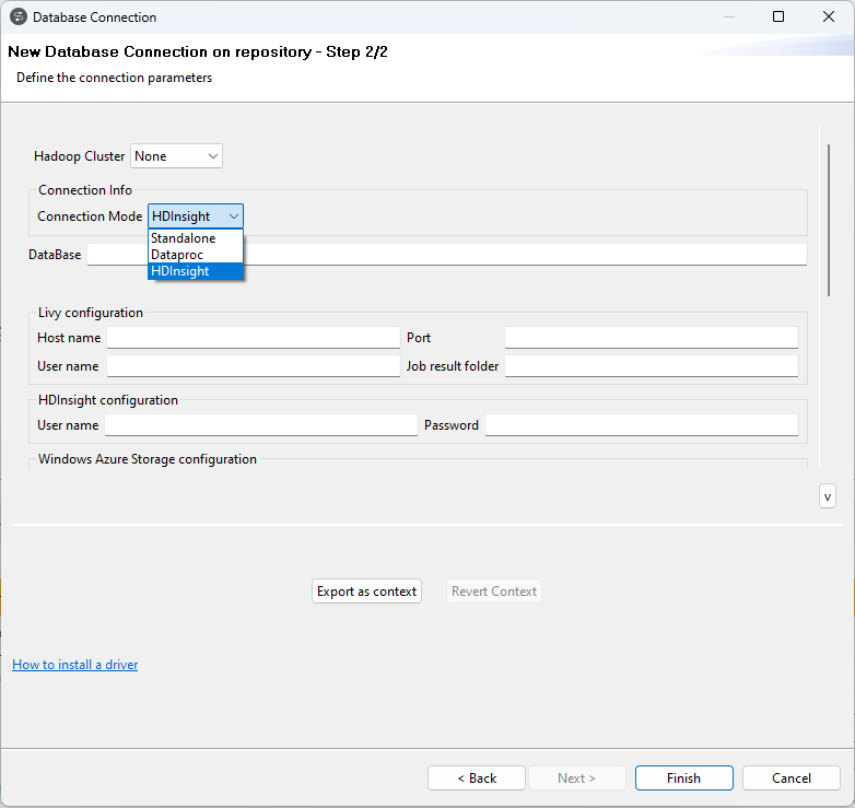 Hive Database Connection metadata wizard.