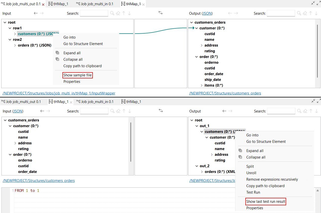 Show sample file and Show last test run result parameters highlighted when right-clicking structures.