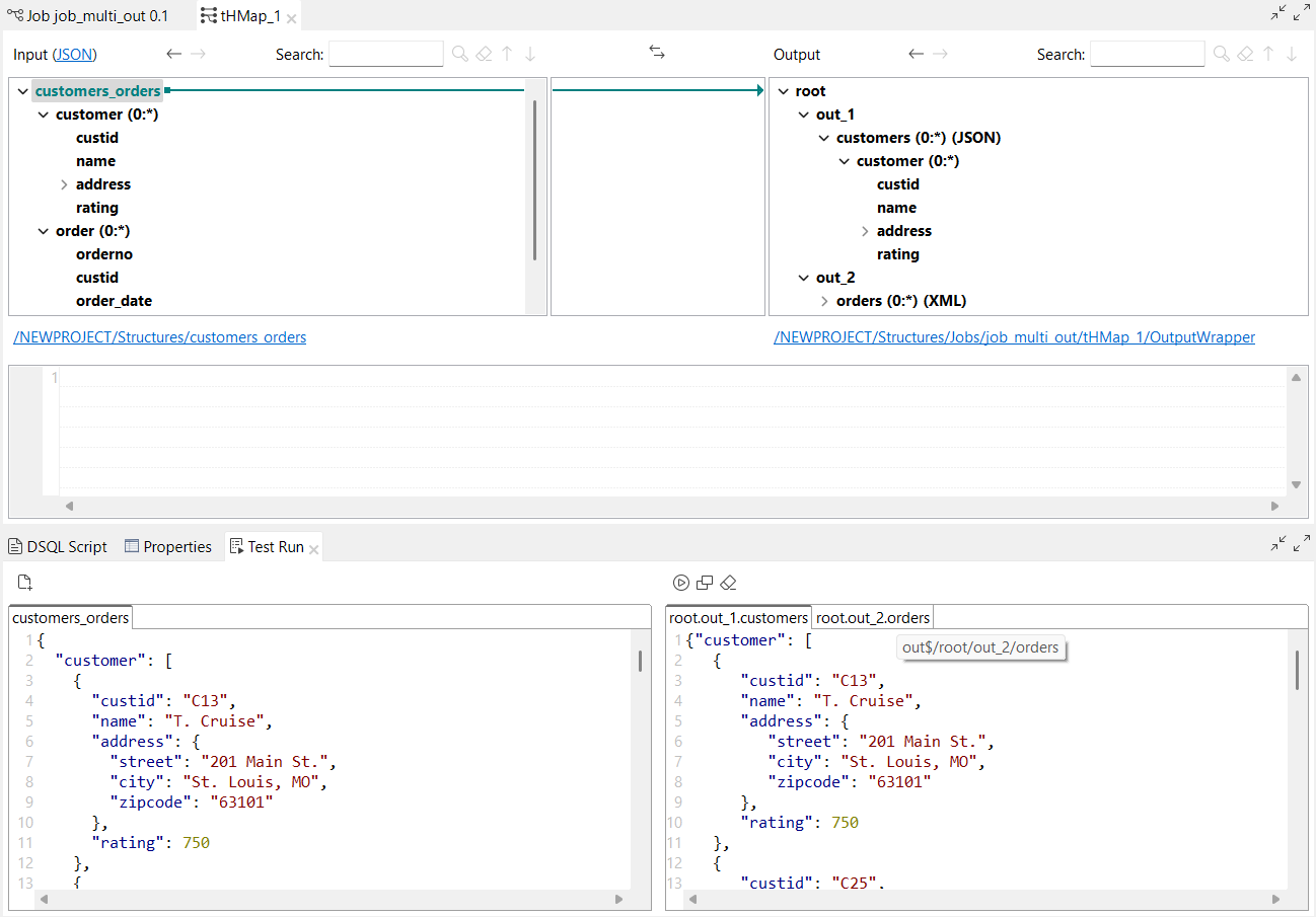 Structure with multiple outputs highlighted in the Test Run view.