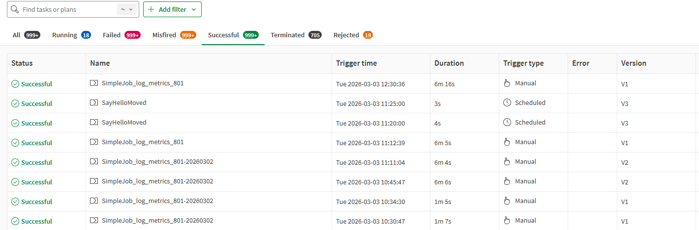 Execution list of Jobs, pipelines, and plans in the Operations page.