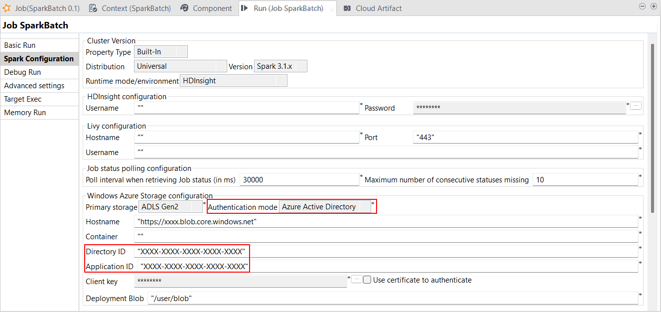 Spark Configuration view showing Azure Active Directory with HDInsight.