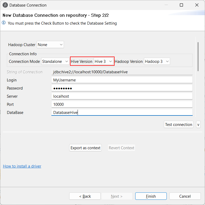 Database Connection dialog box with Hive settings.