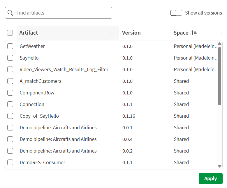 List of Artifacts in the faceted search.