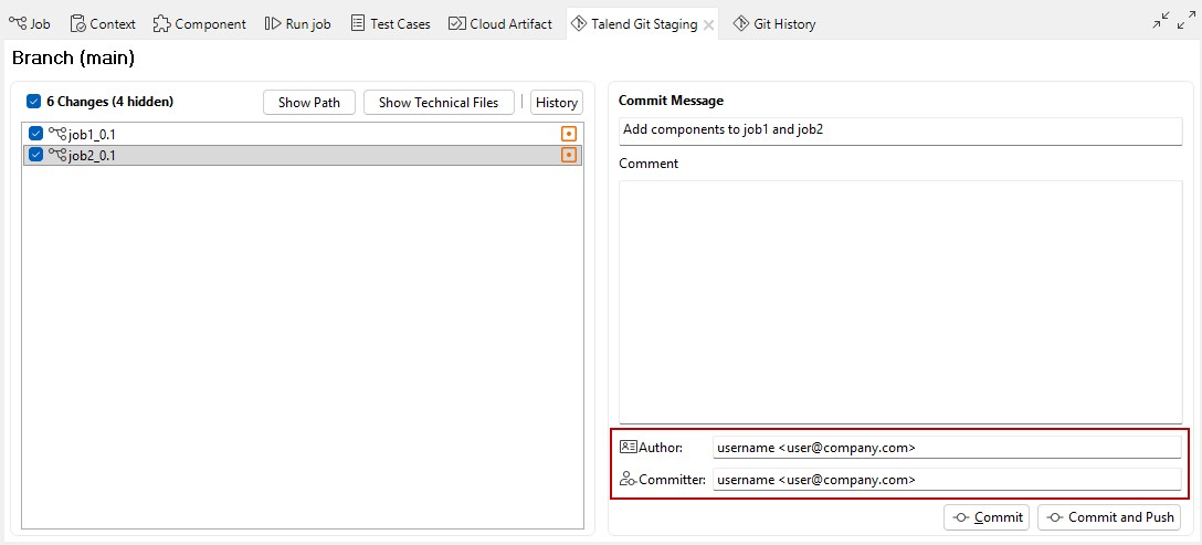 Talend Git Staging view with the Author and Committer fields highlighted.