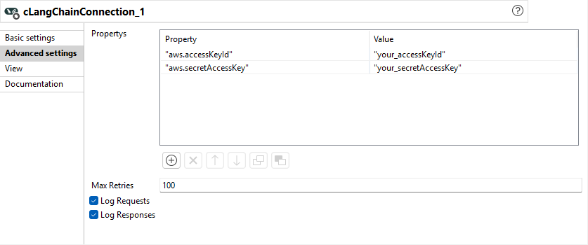 Advanced settings view of cLangChainConnection.