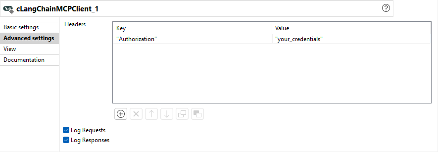 Advanced settings view of cLangChainMCPClient.