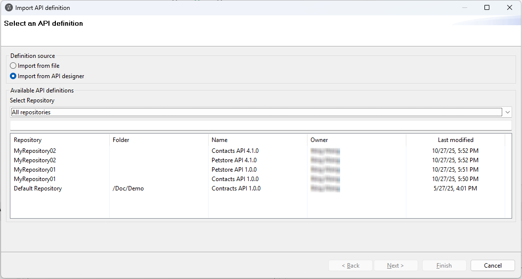 Import API definition wizard.