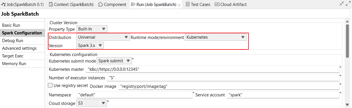 Spark Configuration tab of Spark Batch Job highlighting the new Spark 3.x version.