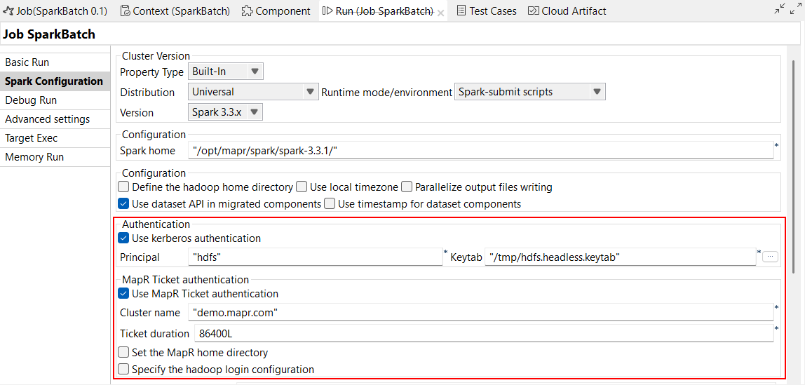 Spark Configuration view of a Spark Batch Jobs highlighting the new Authentication and MapR Ticket authentication parameters.