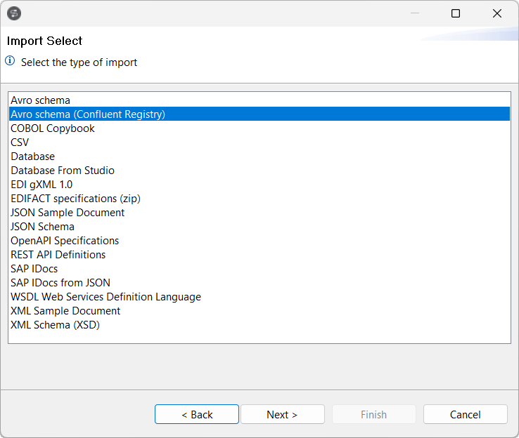 Import Select dialog box with Avro schema (Confluent Registry) type selected.