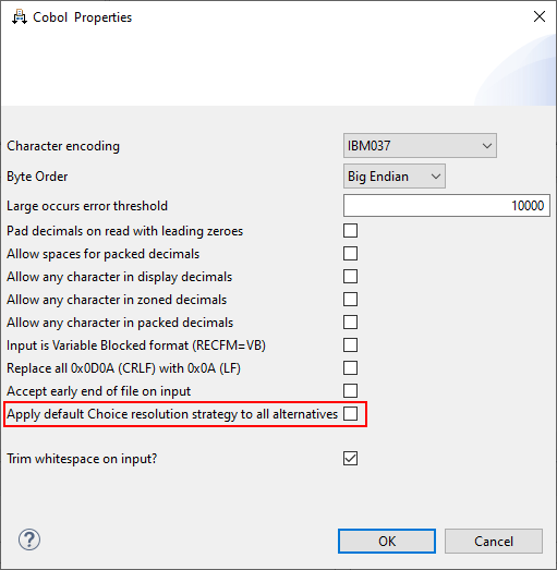 Cobol Properties dialog box.