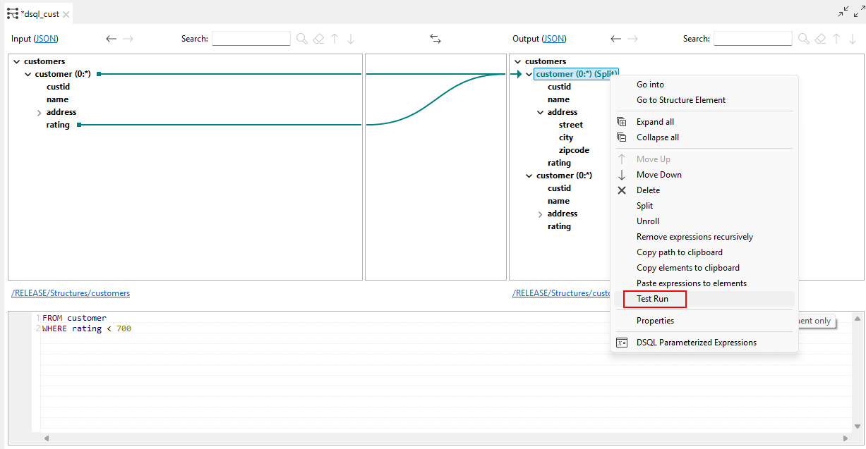 Test Run feature highlighted when right-clicking an unrolled element in a DSQL map.