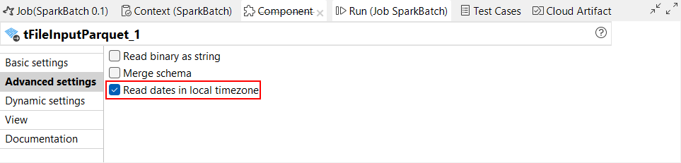 Read dates in local timezone option in the Advanced settings view of tFileInputParquet.