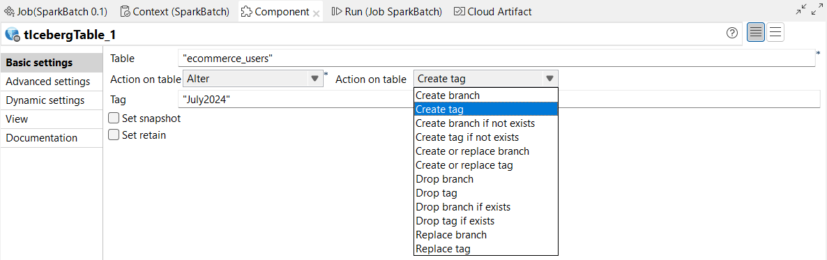 tIcebergTable Basics settings view in a Spark Batch Job.