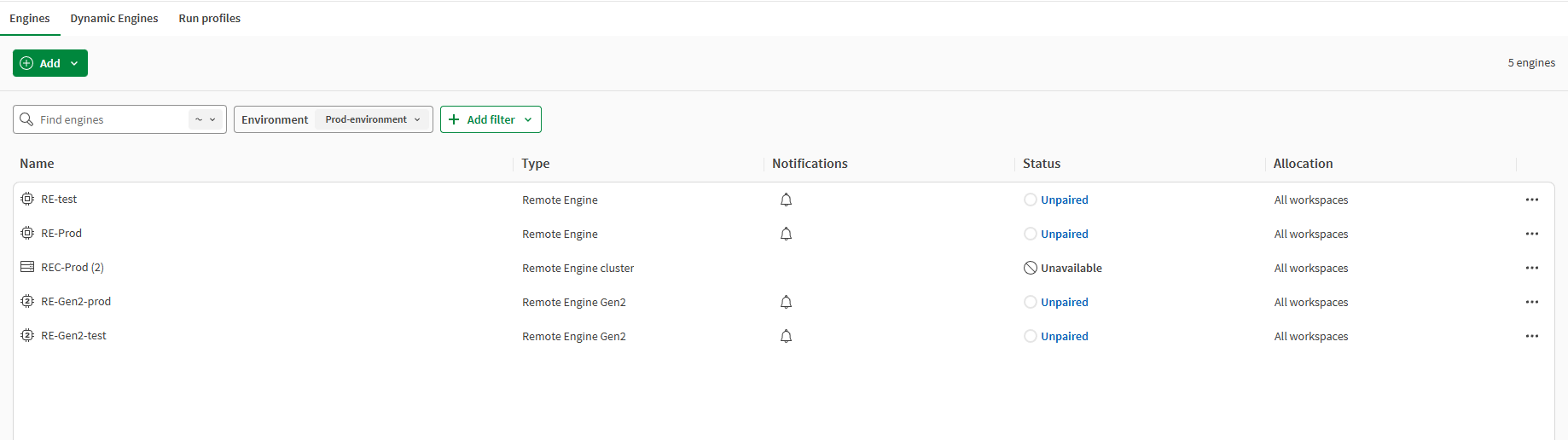Engines tab in the Processing page.