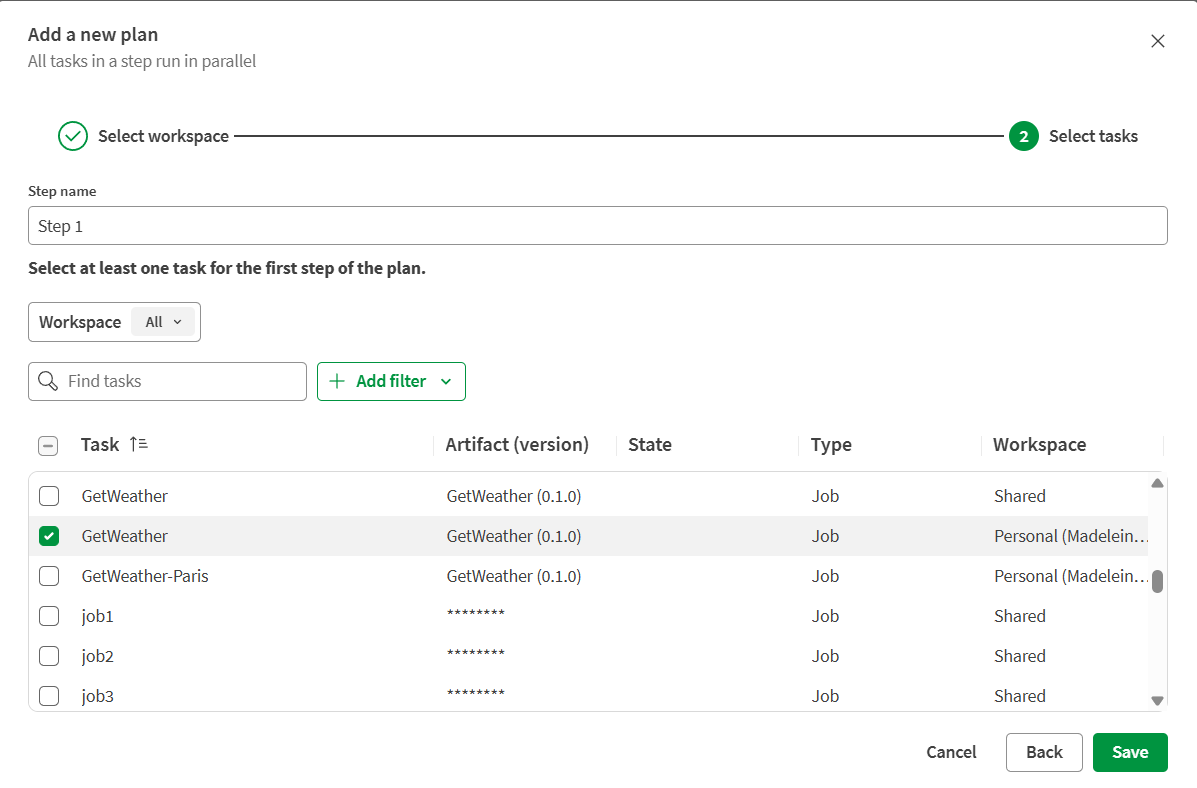 Select tasks step when adding a plan.