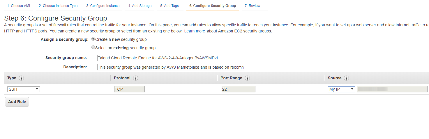 Screenshot of the configuration of security group.