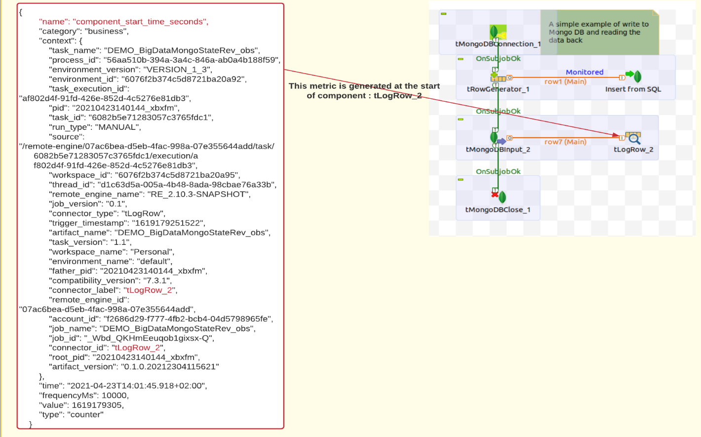 Screenshot showing the metric generated at the start of tLogRow_2 component.