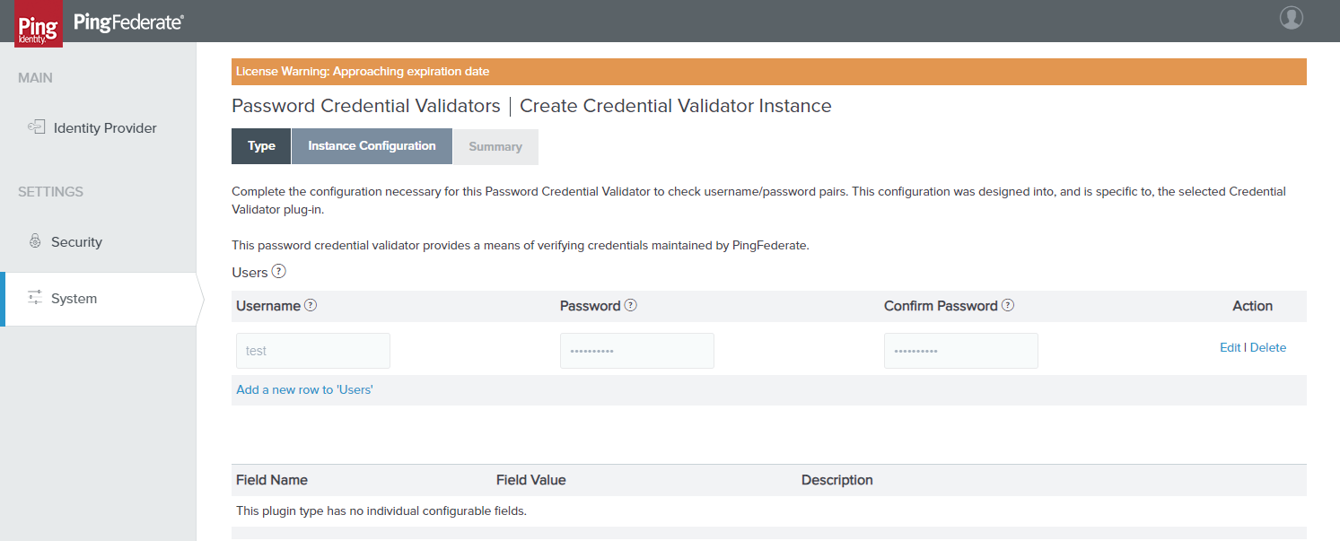 Enter the credential information in the new row.