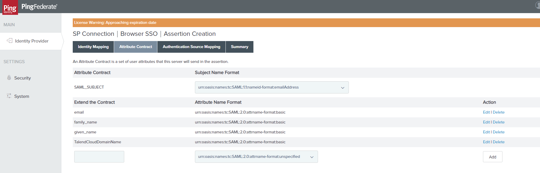 Example of the defined SAML_SUBJECT contract and the required attributes for role mapping.