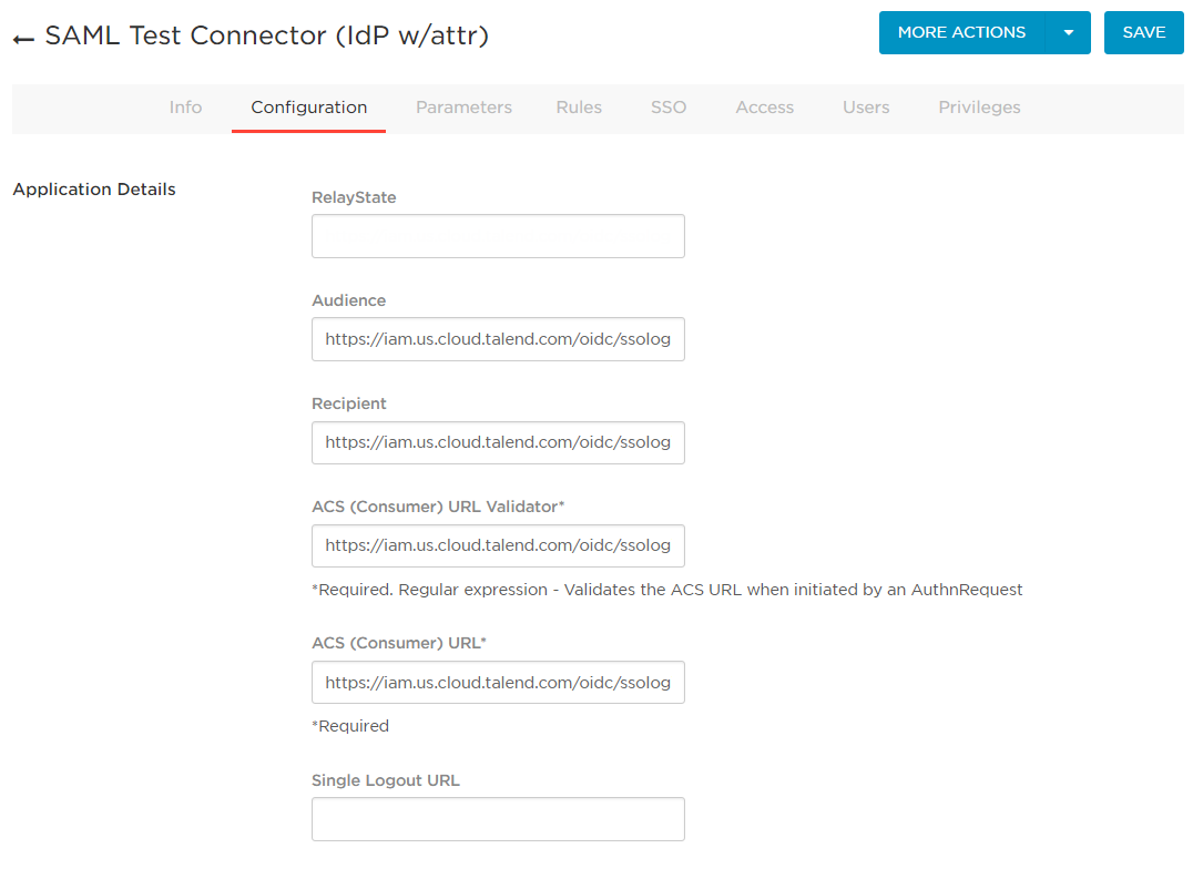 In this example, the Audience, Recipient, ACS URL Validator and ACS URL fields are all set to https://iam.us.cloud.talend.com/oidc/ssologin.