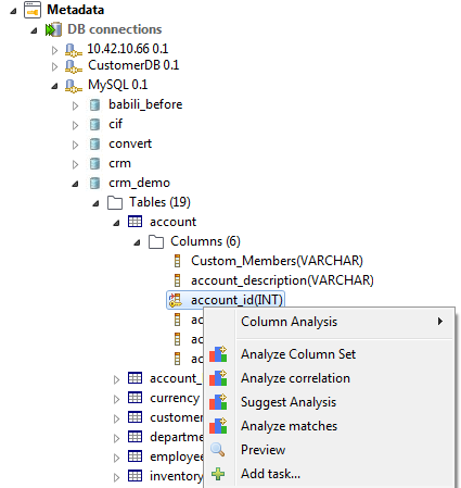 Contextual menu of a column from the Profiling perspective.