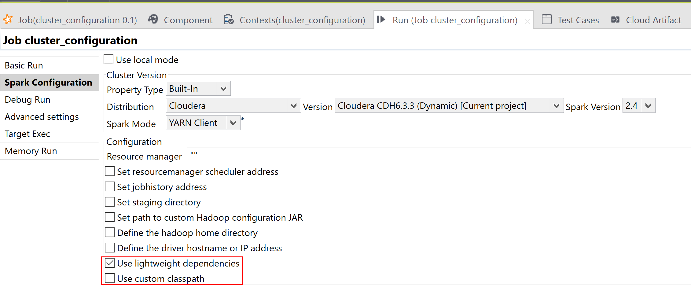 Spark Configuration view opened with "Use lightweight dependencies" option selected.