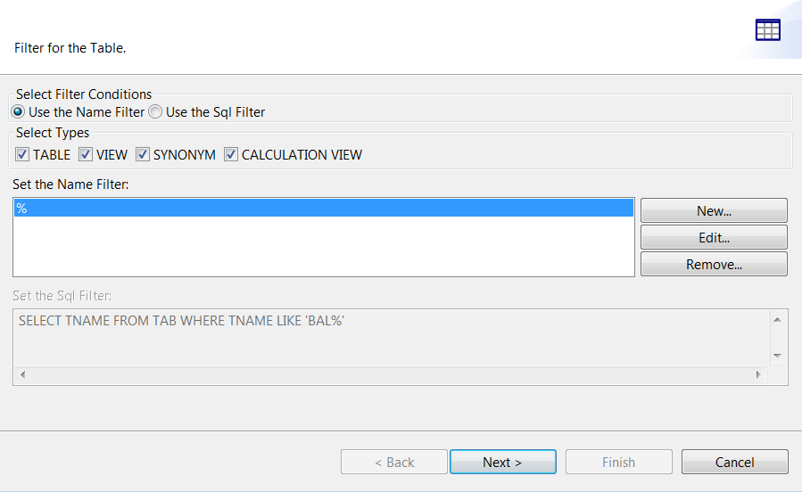 Filter for the Table dialog box.