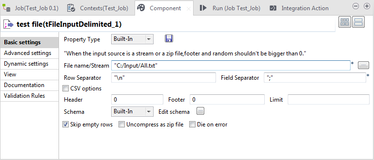 Basic settings view of the component.