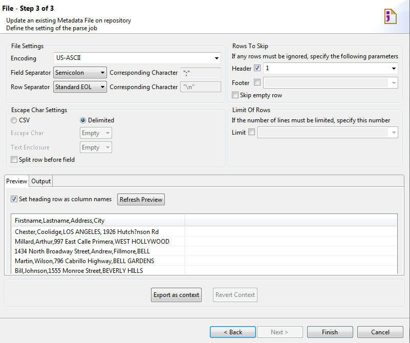 Configuration example in the file connection wizard.