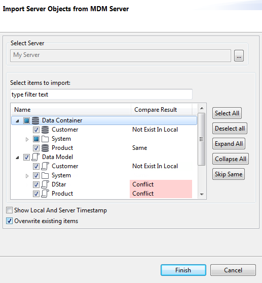 "Import Server Objects from MDM Server" dialog box.