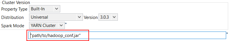 Spark Configuration view opened with the path to Hadoop configuration JAR file highlighted.