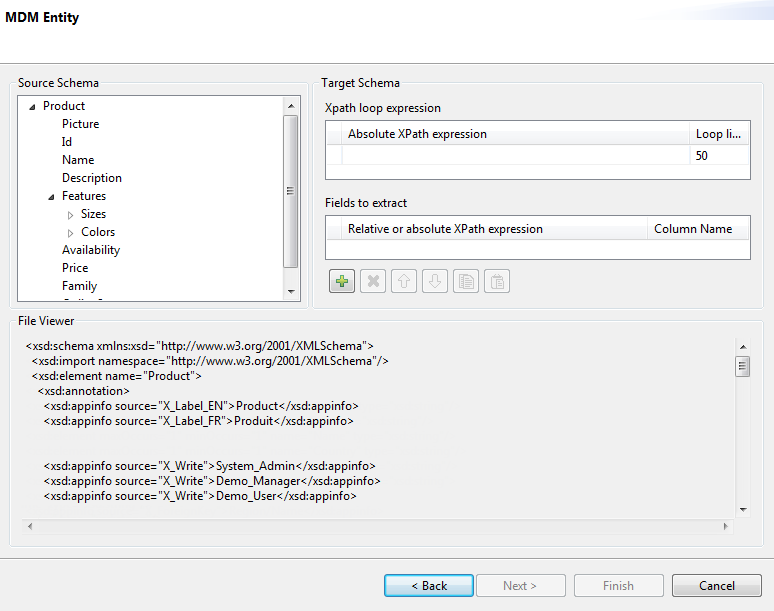 MDM Entity dialog box showing schema.