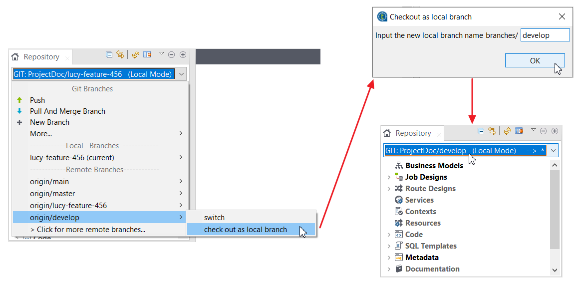 Checking out the remote develop branch as a local branch and switching to the local develop branch.