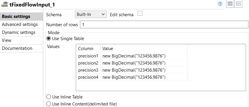 Basic settings view of the component.