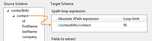 Source schema linked to Target schema with an orange link.