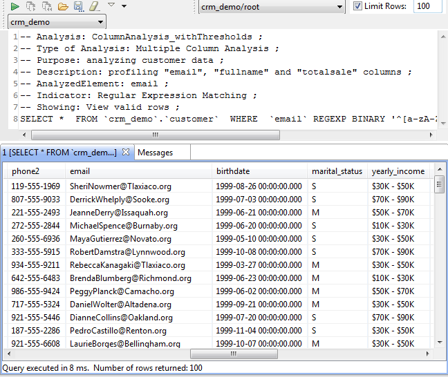 Valid and invalid rows and values in the Data Explorer perspective.