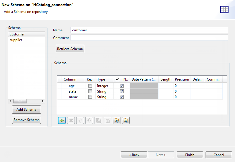 New Schema on "HCatalog_connection" dialog box showing schema added on repository.