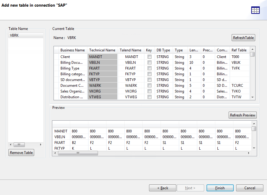 Add new table in connection "SAP" dialog box.