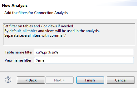 Example of values in the Table name filter and View name filter fields.