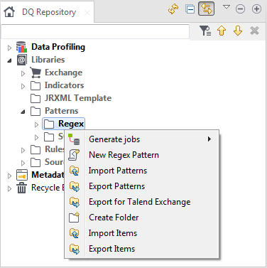 Contextual menu of the Regex node.