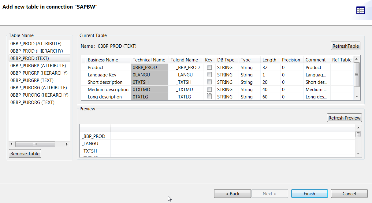 Add new table in connection dialog box for "SAPBW".