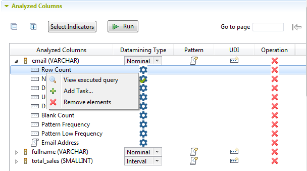 Contextual menu of a column in the Analyzed Columns section.