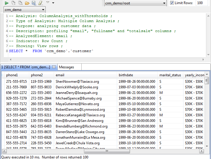 Example of a query and the rows returned against this query.