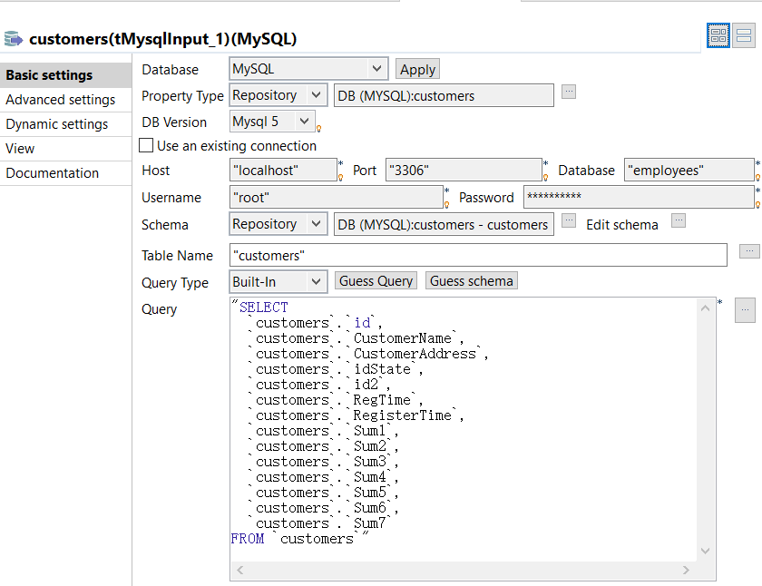 Basic settings view of the component.