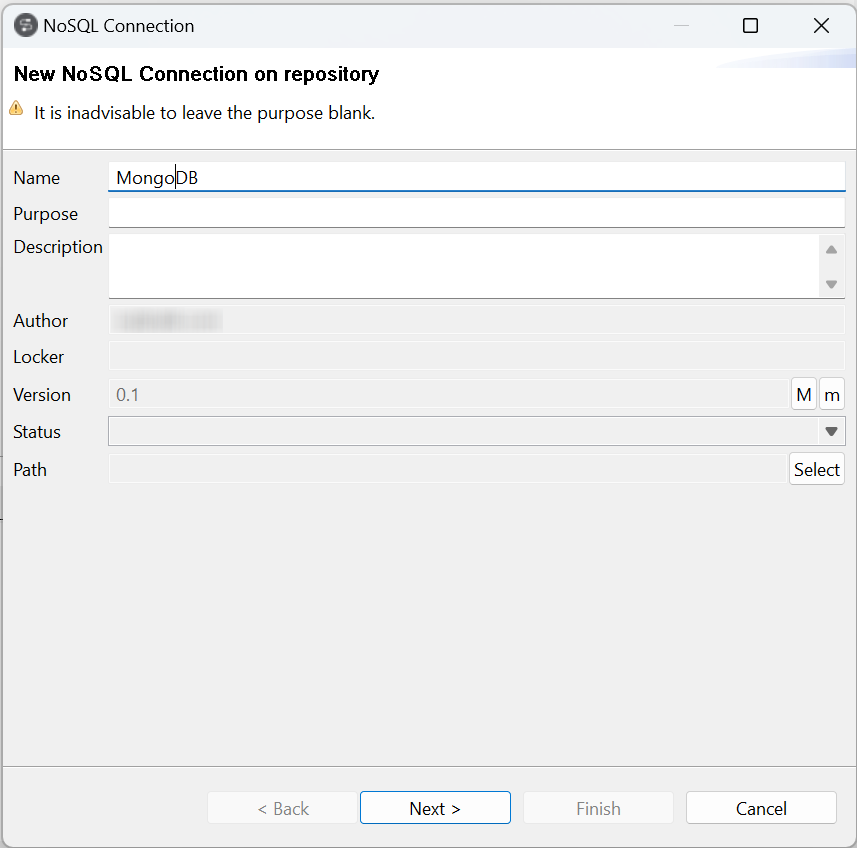 New NoSQL Connection on repository dialog box showing general properties.