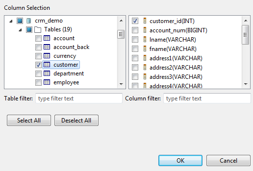 Selection of the tables to be analyzed.